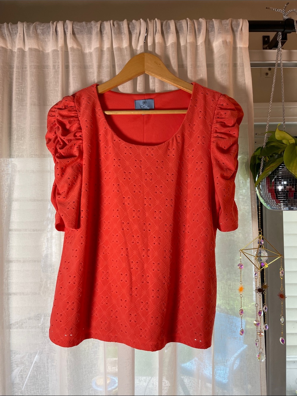 CeCe Coral Eyelet Puff-Sleeve Blouse